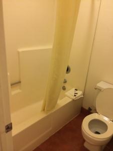 埃尔森特罗Value Inn & Suites的浴室设有卫生间和带淋浴帘的浴缸。