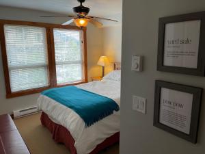 潘诺拉马Panorama Springs的一间卧室配有一张带蓝色毯子的床和窗户。