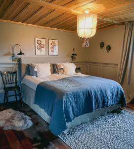 FryksåsFryksas Chalet的一间卧室配有一张带蓝色毯子的大床