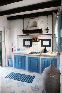 卡萨拉诺La Casina Della Quiete的厨房配有蓝色橱柜和炉灶。