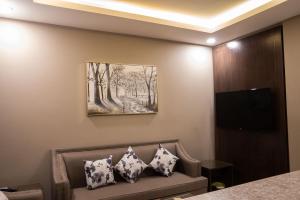 哈伊勒مستقر للشقق الفندقية - النقرة的一间配有沙发的房间和墙上的绘画