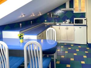 利沃夫Penthouse Apartment in Hotel Eney的蓝色的厨房配有蓝色的桌子和椅子