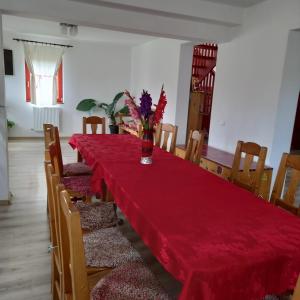 SmidaPensiunea Agroturistica Alexandra的一间用餐室,配有红色的桌子和椅子