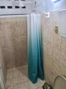 马卡帕BeB Hotel的浴室内配有蓝色淋浴帘