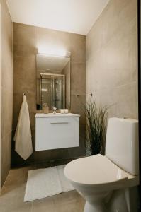 卑尔根Bergen Beds - Serviced apartments in the city center的一间带卫生间、水槽和镜子的浴室