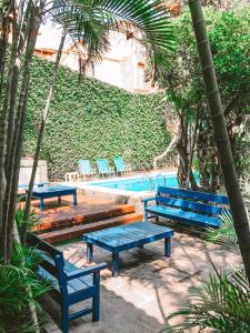 阿拉亚尔-杜卡布Pousada Bicho do Mar的一组蓝色长椅,位于游泳池旁
