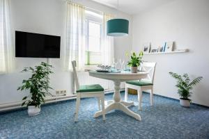AlbertsdorfKnusthof - Wohnung 1的一间带桌子和两把椅子以及电视的用餐室