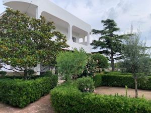 普尔萨诺appartamento VENTO的一座白色的大建筑,有灌木和树木