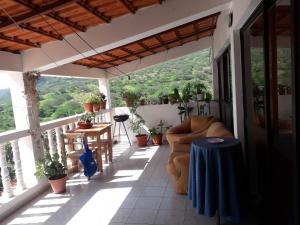 塔拉法尔Ponta Gato Residence的阳台配有沙发、桌子和植物