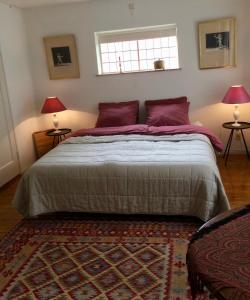 埃因霍温Eikenburg B&B的一间卧室配有一张带紫色枕头的大床