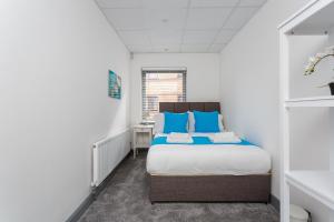 朴次茅斯Sovereign Gate - 2 double bedroom apartment in Portsmouth City Centre的一间卧室配有一张带蓝色枕头的床
