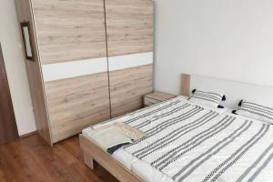 德布勒森Pláza Apartman - city center, free parking, free wifi的一间卧室配有一张带木制床头板的床