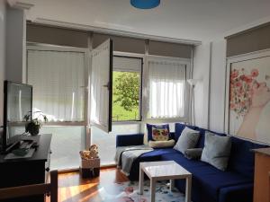 波特斯APARTAMENTO VALMAYOR的客厅设有蓝色的沙发和窗户。