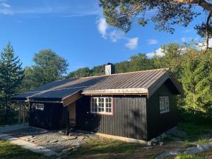 奥普达尔Fjellro Mountain Cabin的黑棚,有 ⁇ 帽屋顶