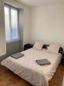 Saint-Rémy-sur-DurolleAppart au 1 etage的一间卧室配有一张带两个枕头的床