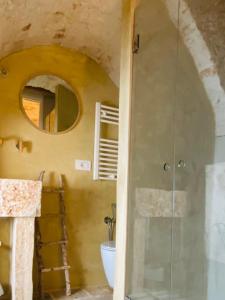阿尔贝罗贝洛Trulli Antichi Mestieri - Widespread Trulli in the historic center的带淋浴、卫生间和镜子的浴室