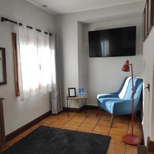 拉瓜迪亚波萨达市长米谷罗阿酒店的客厅配有蓝色椅子和平面电视