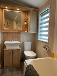 SwarlandPercy Wood Lodges with Hot Tubs的浴室配有盥洗盆、卫生间和浴缸。