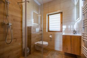 格利查尔Domki u Skowyrów的浴室配有卫生间、淋浴和盥洗盆。