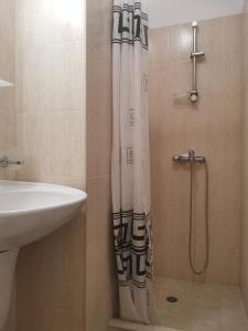 班斯科Studio in Murphys Lodge的浴室配有淋浴帘和盥洗盆。