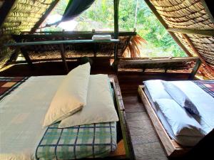 努基Lodge El Amargal - Reserva Natural, Ecoturismo & Surf的带窗户的客房内的两张床