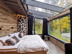 劳卡Glass Igloos by the water - Lasisviitit的一间卧室设有一张床和一个大窗户