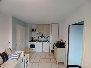 翁弗勒尔L'escale honfleuraise的带沙发的客厅和厨房