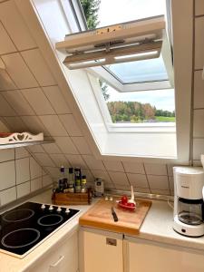 温特贝格Ferienwohnung Zum Bergglück的厨房配有天窗和炉灶。