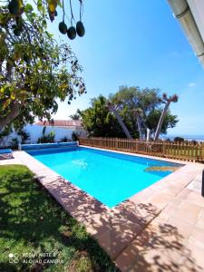 圣乌尔苏拉Villa Dragos的一座位于庭院内的游泳池,背景是大海