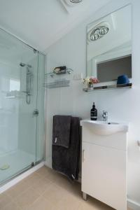 朗塞斯顿Soul Vie Stay的带淋浴、盥洗盆和镜子的浴室