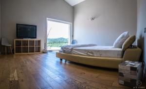 卡尔热斯Casa Lagone - Villa avec Piscine et Superbe Vue的一间卧室配有一张床和一台电视,铺有木地板
