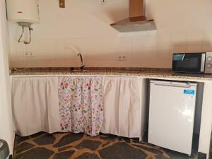 CalzadillaChozos Las Flores de la Dehesa的厨房柜台配有窗帘和水槽