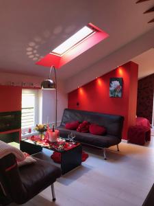 采西斯浪漫玫瑰酒店的客厅配有黑色沙发和红色墙壁