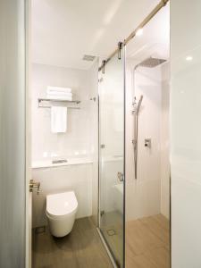 基督城Carnmore Hotel Christchurch的一间带卫生间和玻璃淋浴间的浴室