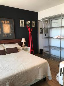 科洛尼亚-德尔萨克拉门托Suite Artigas的一间卧室设有一张床和黑色的墙壁