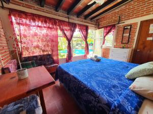 迪坡斯特兰Posada El paraíso的卧室配有床、桌子和窗户。