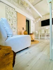 阿尔克马尔Casa De Palmas - Tiny house的客厅配有白色的沙发和桌子