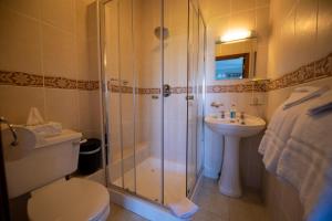 本拉提Bunratty Meadows Bed & Breakfast的带淋浴、卫生间和盥洗盆的浴室
