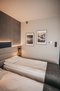 华沙艾尔酒店的酒店客房,设有两张床和两张墙上的照片