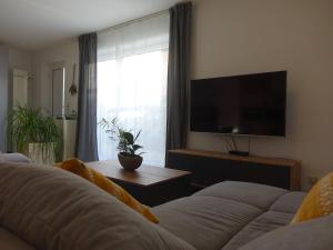 GaukönigshofenExclusive kuschelige Wohnung im Herzen FrankensEuropa的带沙发和平面电视的客厅