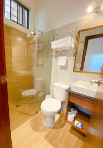 基多Hospedaje en Quito Norte, Apartamento & Suite independientes的浴室配有卫生间、淋浴和盥洗盆。