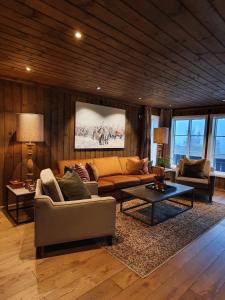 伯New cabin at Lifjell perfectly located for hiking with sauna and ski-in/ski-out的客厅配有沙发和桌子