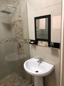 阿曼济姆托蒂Afsaal flats的浴室配有盥洗盆和带镜子的淋浴