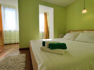 博布鲁伊斯克Apartament on Sovetskaya 135的绿色卧室配有带2条毛巾的床