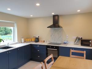 巴林罗布Reed Warbler Cottage的厨房配有蓝色橱柜、桌子和微波炉