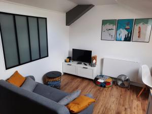 UssatSuperbe appartement pour 2, au cœur de l'Ariège!的客厅配有蓝色的沙发和电视