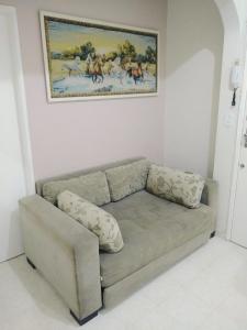里约热内卢森塔纳坦姆波拉达 - 科帕卡巴纳圣母公寓的客厅的沙发,墙上挂着一幅画