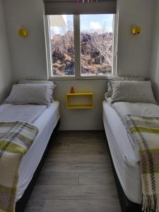 米湖Mývatn apartments的带窗户的客房内的两张床