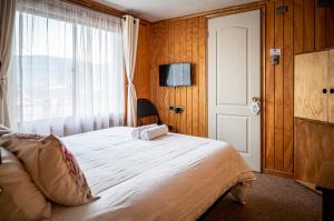 科克拉内Hostal Lejana Patagonia的一间卧室设有一张大床和一个窗户。
