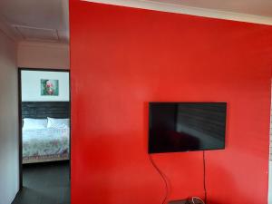 德班2 Bedroom Residential Home, along the coast.的卧室里带电视的红色墙